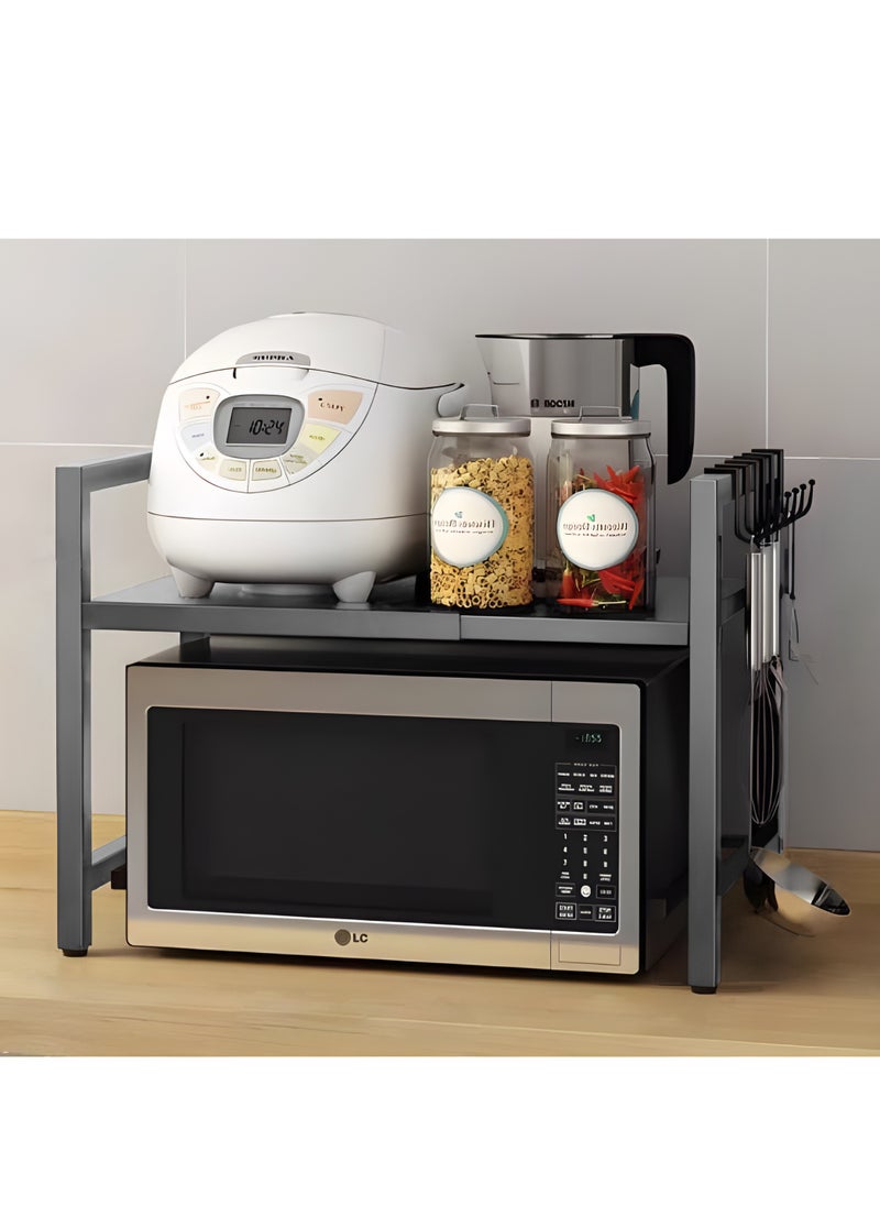 BestStore - Expandable Microwave Oven Rack with 6 Hooks and Non-Slip Pads Heavy Duty Toaster Spics Holder Adjustable-Height kitchen Organizer Storage Shelf Stand - Image 1