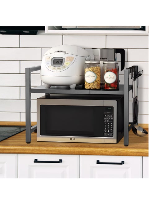 Expandable Microwave Oven Rack with 6 Hooks and Non-Slip Pads Heavy Duty Toaster Spics Holder Adjustable-Height kitchen Organizer Storage Shelf Stand