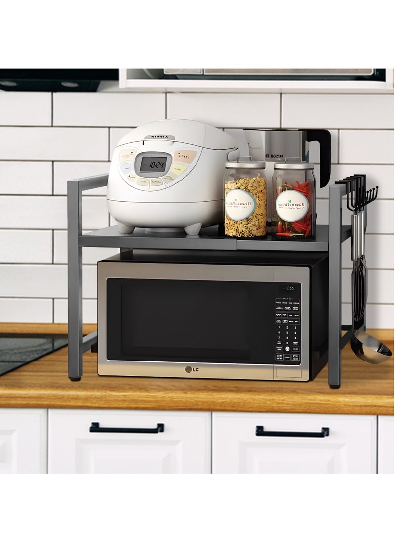 BestStore - Expandable Microwave Oven Rack with 6 Hooks and Non-Slip Pads Heavy Duty Toaster Spics Holder Adjustable-Height kitchen Organizer Storage Shelf Stand - Image 1