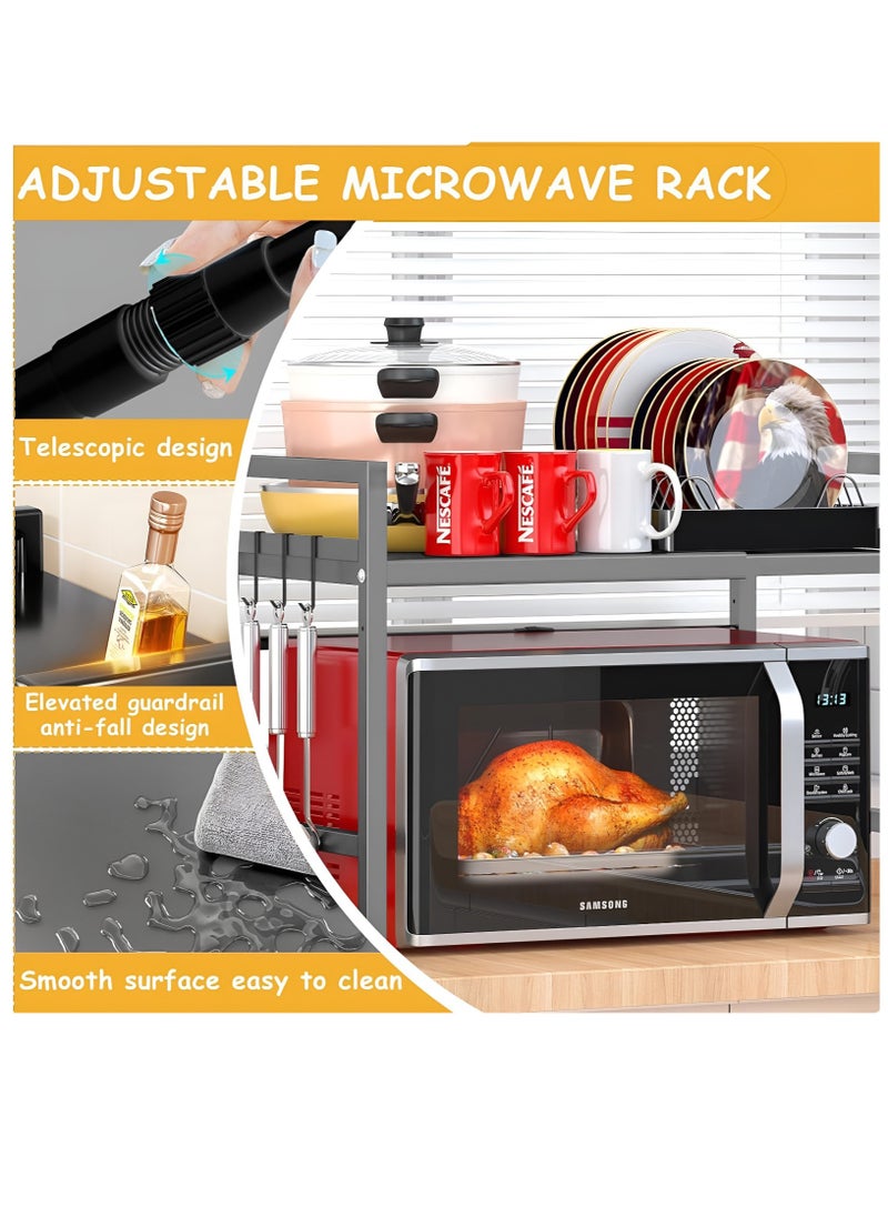 BestStore - Expandable Microwave Oven Rack with 6 Hooks and Non-Slip Pads Heavy Duty Toaster Spics Holder Adjustable-Height kitchen Organizer Storage Shelf Stand - Image 1