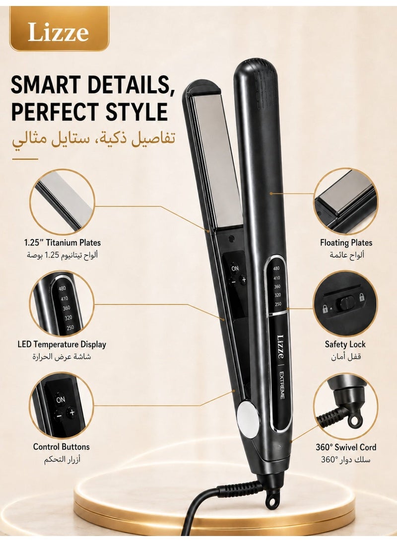 ليز **Lizze Extreme Slim مكواة فرد الشعر مع ألواح تيتانيوم، شاشة LED وتسخين سريع حتى 250 درجة مئوية، مكواة شعر خفيفة الوزن لفرد وتجعيد الشعر** - Image 3