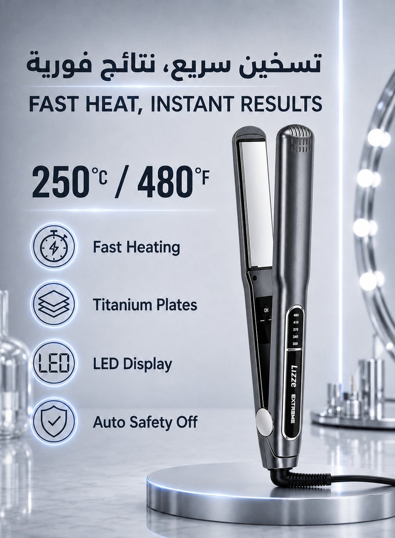 Lizze Extreme Hair Straightener with Titanium Plates, Fast Heating 250°C/480°F, LED Temperature Display, Floating Plates for Smooth Glide, Slim Lightweight Flat Iron for Frizz-Free Straight Hair & Soft Waves - Image 5