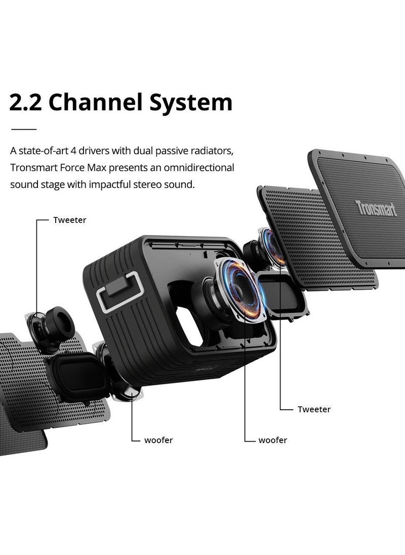 ترونسمارت مكبر صوت خارجي محمول من Tronsmart force max بقوة 80 وات مع تقنية البلوتوث IPX6 ومقاوم للماء، ويدعم المساعد الصوتي، ويدوم حتى 13 ساعة، وبلوتوث 5.0، وبنك طاقة مدمج بقوة 15000 مللي أمبير في الساعة، باللون الأسود  - Image 2