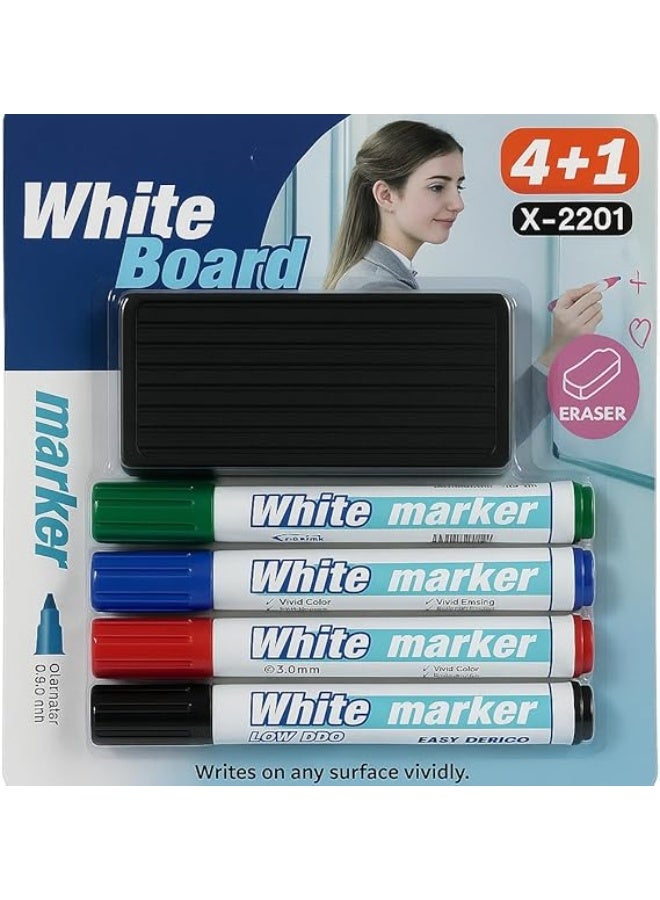 Erasable Whiteboard Marker Set with Eraser and Dust Cleaner, 4 Colors - Image 1