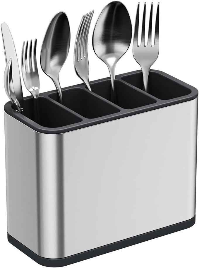 HOME KITCHEN UTENSIL HOLDER SILVERWARE CADDY UTENSIL CADDY SPOON HOLDER WITH 4 DIVIDED COMPARTMENTS STORAGE COOKING ORGANIZER CADDY LARGE CAPACITY FLATWARE SPOON SPATULA FORK SILVERY