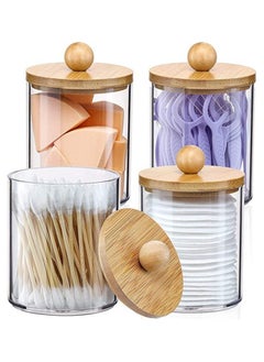 MahMir Bathroom Jars Qtip Holder, Apothecary Jars, Acrylic Cotton Ball Holder, Clear Bathroom Canisters with Bamboo Lids for Cotton Swab Cotton Brush 4 Jars Pack  - Image 1