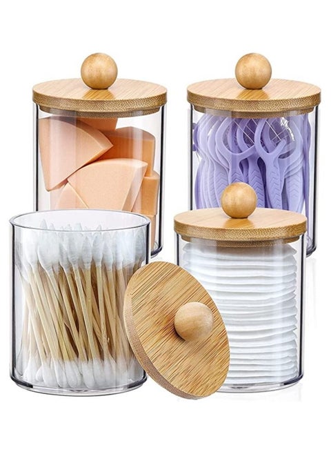 Bathroom Jars Qtip Holder, Apothecary Jars, Acrylic Cotton Ball Holder, Clear Bathroom Canisters with Bamboo Lids for Cotton Swab Cotton Brush 4 Jars Pack