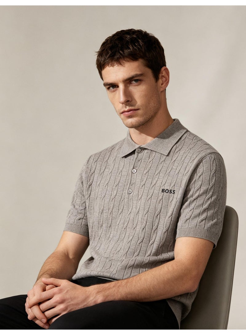 BOSS Unisex Short Sleeve Cable Knit Polo Shirt, Grey, Men's Women's Smart Casual Top - Image 5