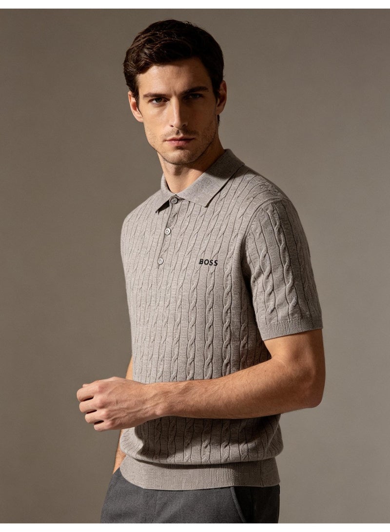 BOSS Unisex Short Sleeve Cable Knit Polo Shirt, Grey, Men's Women's Smart Casual Top - Image 1