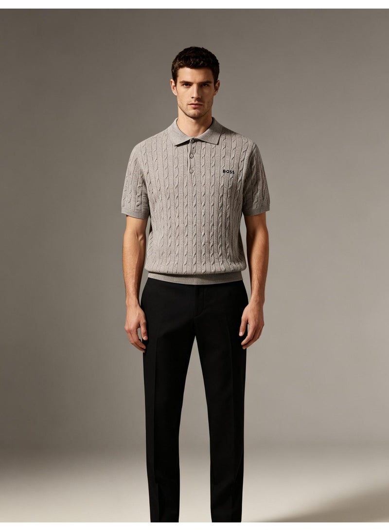 BOSS Unisex Short Sleeve Cable Knit Polo Shirt, Grey, Men's Women's Smart Casual Top - Image 3
