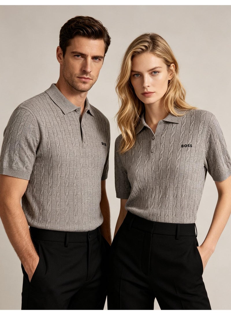 BOSS Unisex Short Sleeve Cable Knit Polo Shirt, Grey, Men's Women's Smart Casual Top - Image 2