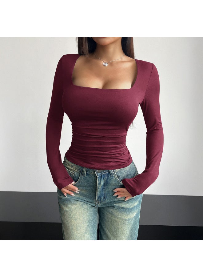 Spring And Summer New Square Collar Long Sleeve Pullover Tight Casual Fashion Top Women