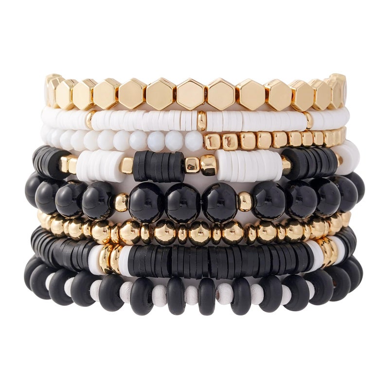 GOOJIDS Black Surfer Heishi Clay Bead Bracelets for Women Bohemian Stackable Gold Plated Beaded Stretch Bracelets Elastic Layering Friendship Bracelets Set Boho Jewelry - Image 1