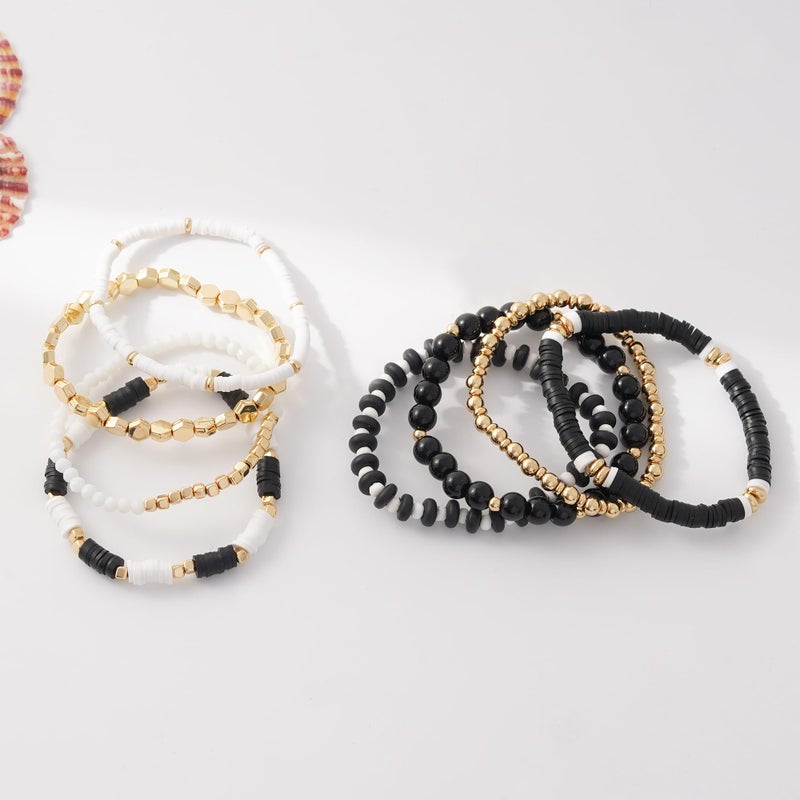 GOOJIDS Black Surfer Heishi Clay Bead Bracelets for Women Bohemian Stackable Gold Plated Beaded Stretch Bracelets Elastic Layering Friendship Bracelets Set Boho Jewelry - Image 3