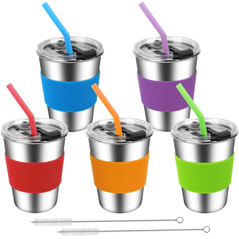 ShineMe Kids Cups with Straws and Lids 12oz Kids Metal Drinking Glasses with Spill Proof Lids  Silicone Straws Stainless Steel Reusable Water Tumblers for Children and Adults 5pack
