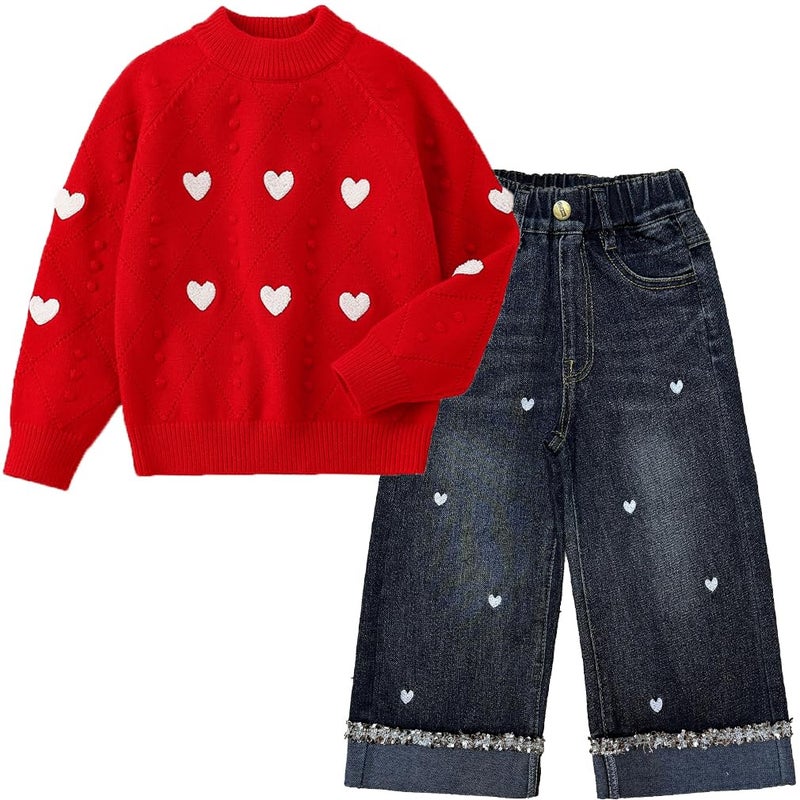 Peacolate 2-7T Spring Fall Little Girls 2pcs Clothing Set Heart Knit Sweater and Straight Jeans(Red,2-3Years) - Image 1