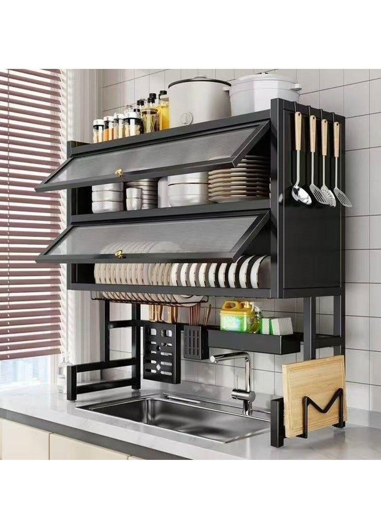 Dying Rack for Dishes，Double Layer Drain Rack for Sink Dishes with Cover, Large Capacity Stainless Steel Over Sink Storage Rack, Kitchen Organizer, 33.5" W x 11" L x 35.4" H, Black  - Image 1
