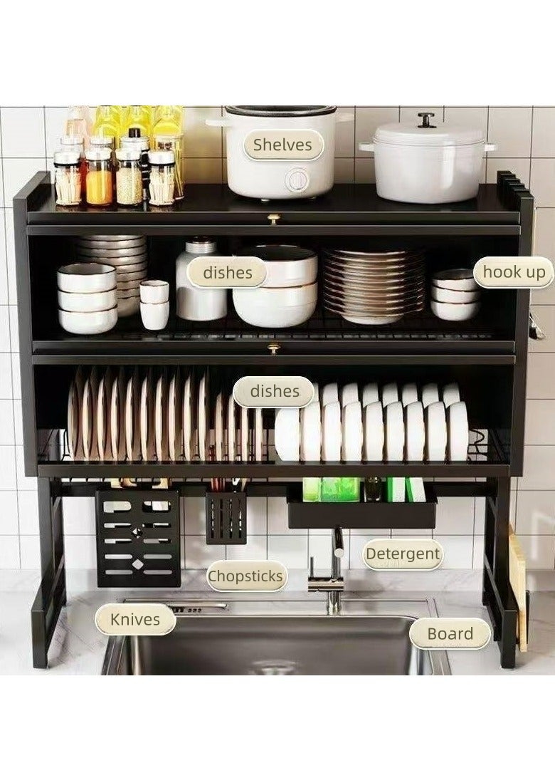 Dying Rack for Dishes，Double Layer Drain Rack for Sink Dishes with Cover, Large Capacity Stainless Steel Over Sink Storage Rack, Kitchen Organizer, 33.5" W x 11" L x 35.4" H, Black  - Image 2
