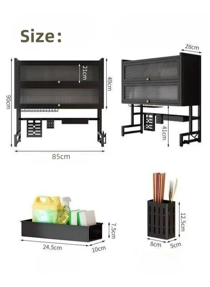 Dying Rack for Dishes，Double Layer Drain Rack for Sink Dishes with Cover, Large Capacity Stainless Steel Over Sink Storage Rack, Kitchen Organizer, 33.5" W x 11" L x 35.4" H, Black  - Image 3