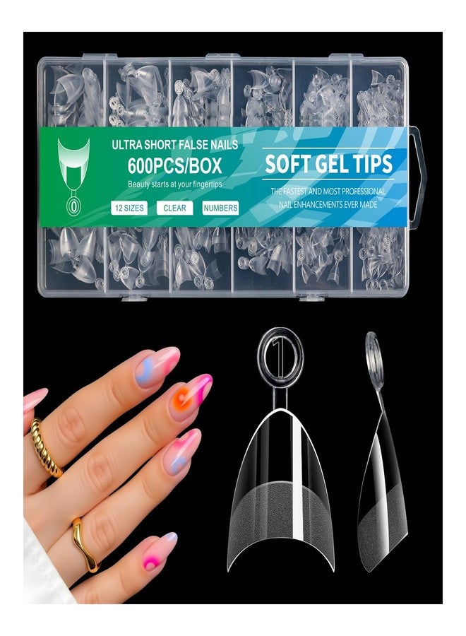 Cycullinyt 600Pcs Extra Short Half Cover Almond Soft Gel Clear Nail Tips Set, Pre-Etched XXS Fake Nails False Nail Extension for Home Salon DIY 12 Sizes - Image 1