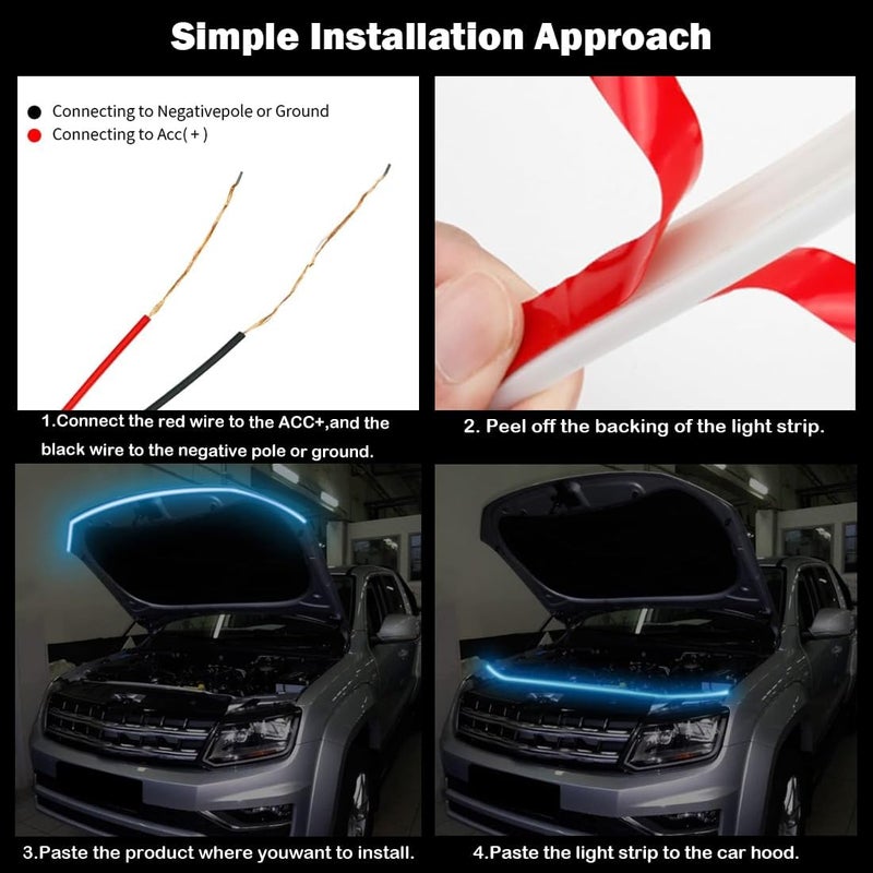 شريط ضوء غطاء المحرك للسيارة، شريط ضوء LED ديناميكي للسيارة، شريط ضوء LED للسيارة بطول 70 بوصة، شريط ضوء تشغيل نهاري مرن خارجي للسيارات والشاحنات وسيارات الدفع الرباعي (أزرق جليدي) - Image 4