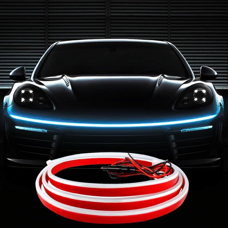 شريط ضوء غطاء المحرك للسيارة، شريط ضوء LED ديناميكي للسيارة، شريط ضوء LED للسيارة بطول 70 بوصة، شريط ضوء تشغيل نهاري مرن خارجي للسيارات والشاحنات وسيارات الدفع الرباعي (أزرق جليدي) - Image 1
