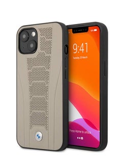BMW iPhone 13 Pro Max Hard Case 6.7inch Real Leather Back Cover Seat Pattern Tone On Tone Perforations Debossed Lines - Beige  - Image 1