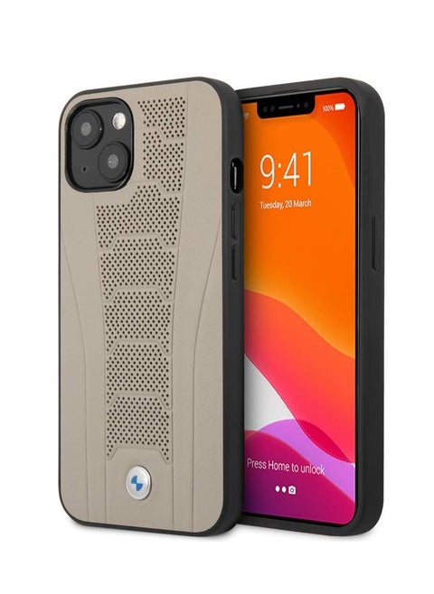iPhone 13 Pro Max Hard Case 6.7inch Real Leather Back Cover Seat Pattern Tone On Tone Perforations Debossed Lines - Beige
