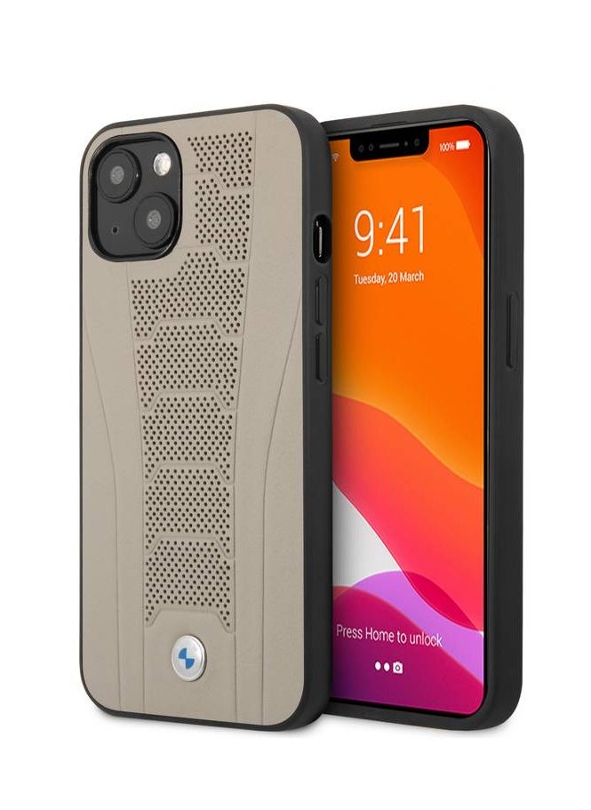 BMW - iPhone 13 Pro Max Hard Case 6.7inch Real Leather Back Cover Seat Pattern Tone On Tone Perforations Debossed Lines - Beige - Image 1