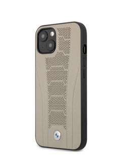 BMW iPhone 13 Pro Max Hard Case 6.7inch Real Leather Back Cover Seat Pattern Tone On Tone Perforations Debossed Lines - Beige  - Image 2