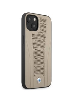 BMW iPhone 13 Pro Max Hard Case 6.7inch Real Leather Back Cover Seat Pattern Tone On Tone Perforations Debossed Lines - Beige  - Image 4