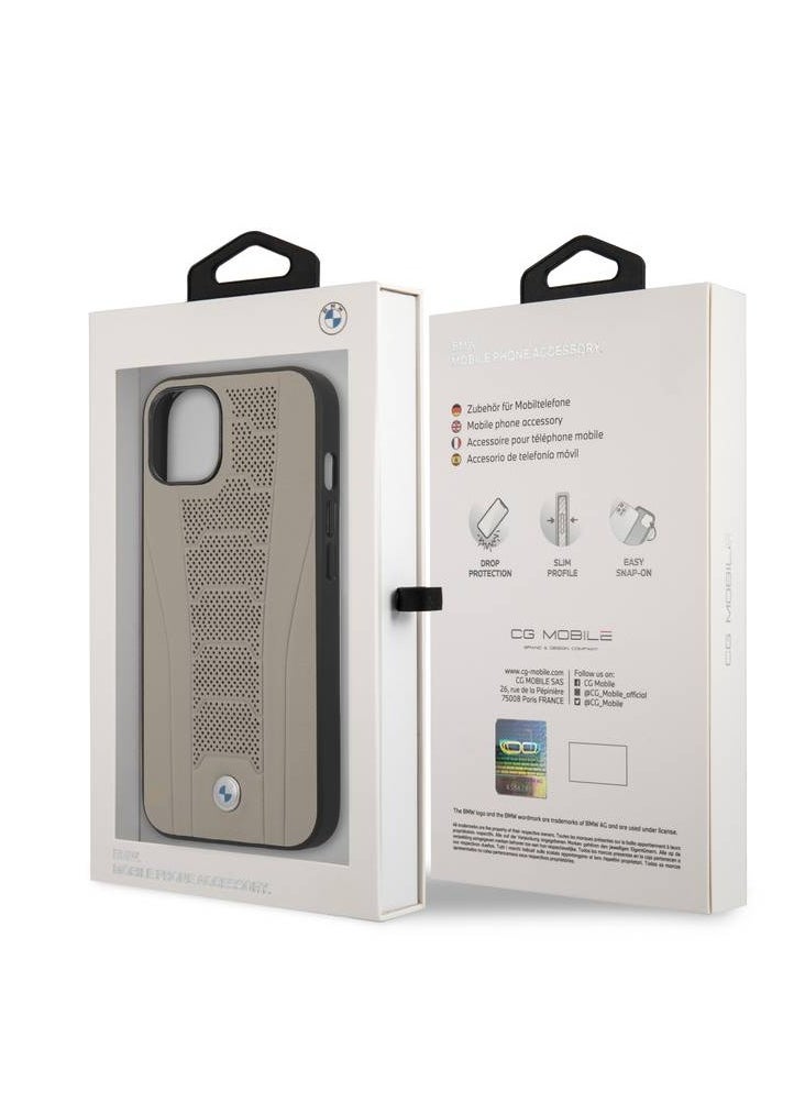 BMW - iPhone 13 Pro Max Hard Case 6.7inch Real Leather Back Cover Seat Pattern Tone On Tone Perforations Debossed Lines - Beige - Image 1
