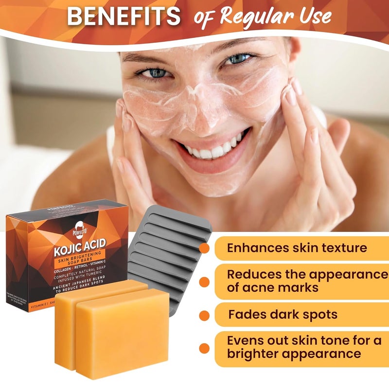 Perfecto Kojic Acid Soap for Hyperpigmentation  AllNatural Kojic Acid Turmeric Soap Bars  Soap Bar Reduces Dark Spots  Skin Soap with Vitamin C Retinol Collagen 100g x 2 Bars - Image 5