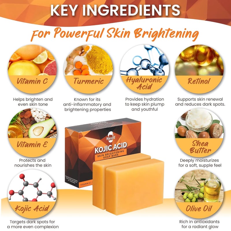 Perfecto Kojic Acid Soap for Hyperpigmentation  AllNatural Kojic Acid Turmeric Soap Bars  Soap Bar Reduces Dark Spots  Skin Soap with Vitamin C Retinol Collagen 100g x 2 Bars - Image 3