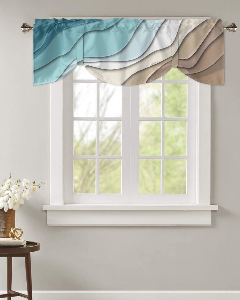 BestLives Tie Up Valance for Windows Teal Blue Modern Geometric Rod Pocket Valance Window Treatments Brown Abstract Ocean Wave Short Curtains for Kitchen Windows Bathroom Bedroom 54"" W x 18"" L - Image 2