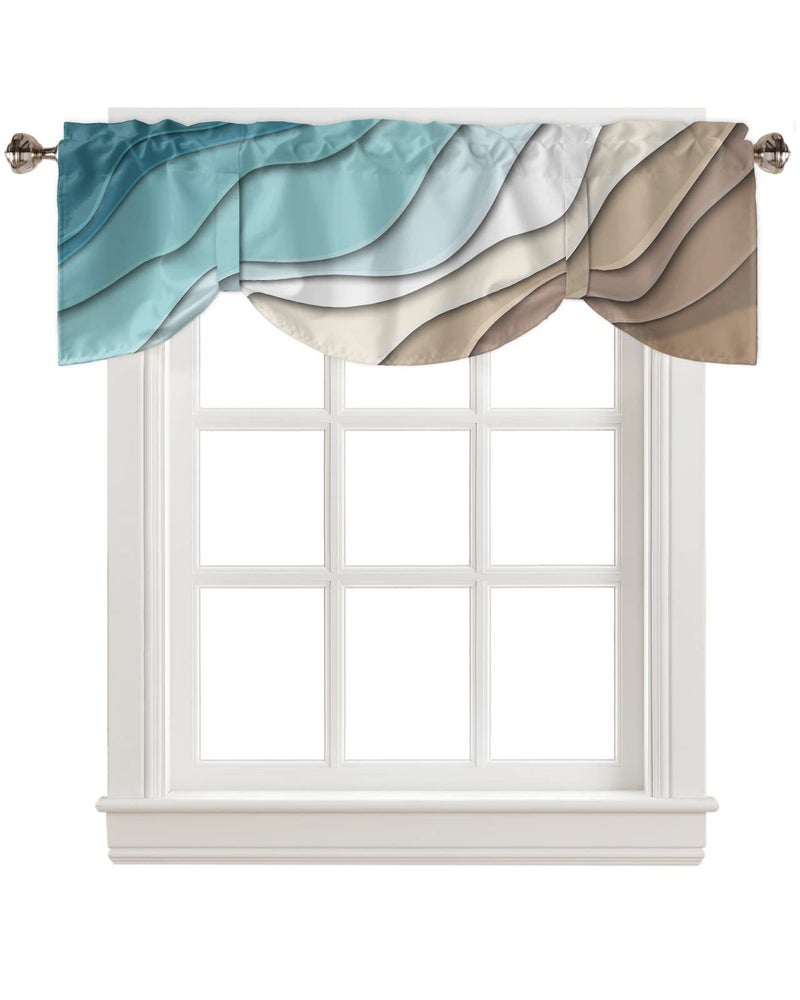 BestLives Tie Up Valance for Windows Teal Blue Modern Geometric Rod Pocket Valance Window Treatments Brown Abstract Ocean Wave Short Curtains for Kitchen Windows Bathroom Bedroom 54"" W x 18"" L - Image 1