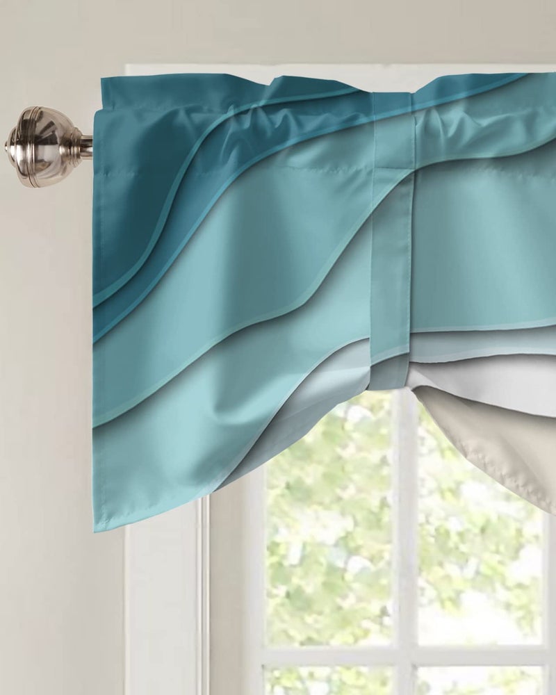 BestLives Tie Up Valance for Windows Teal Blue Modern Geometric Rod Pocket Valance Window Treatments Brown Abstract Ocean Wave Short Curtains for Kitchen Windows Bathroom Bedroom 54"" W x 18"" L - Image 3