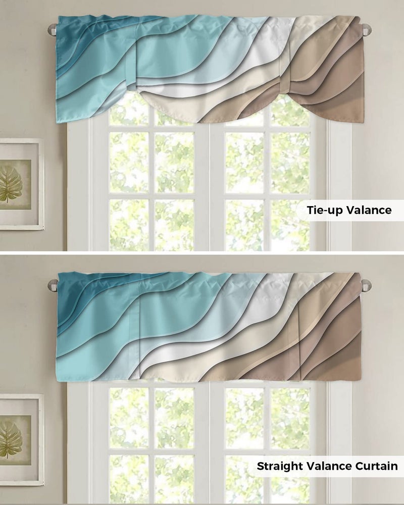 BestLives Tie Up Valance for Windows Teal Blue Modern Geometric Rod Pocket Valance Window Treatments Brown Abstract Ocean Wave Short Curtains for Kitchen Windows Bathroom Bedroom 54"" W x 18"" L - Image 5