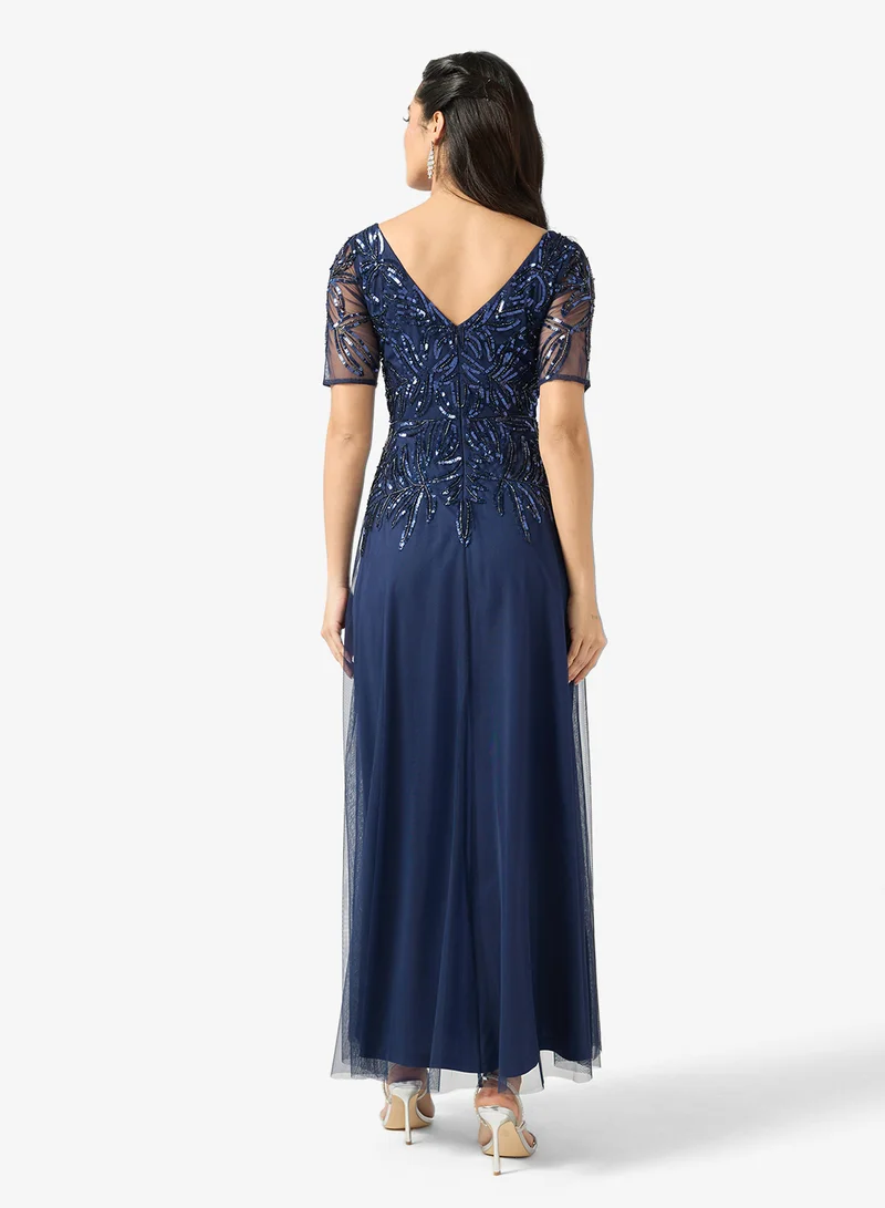 Adrianna Papell V-Neck Mesh Detailed Maxi Dress