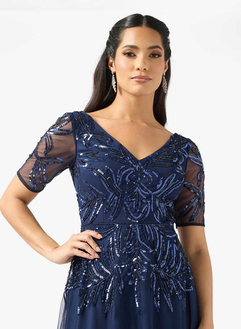 Adrianna Papell V-Neck Mesh Detailed Maxi Dress - Image 3