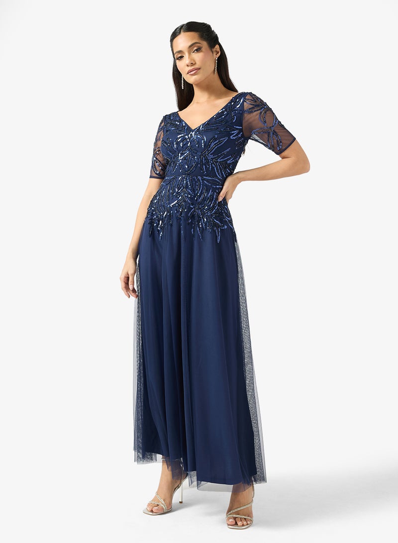 Adrianna Papell V-Neck Mesh Detailed Maxi Dress - Image 1
