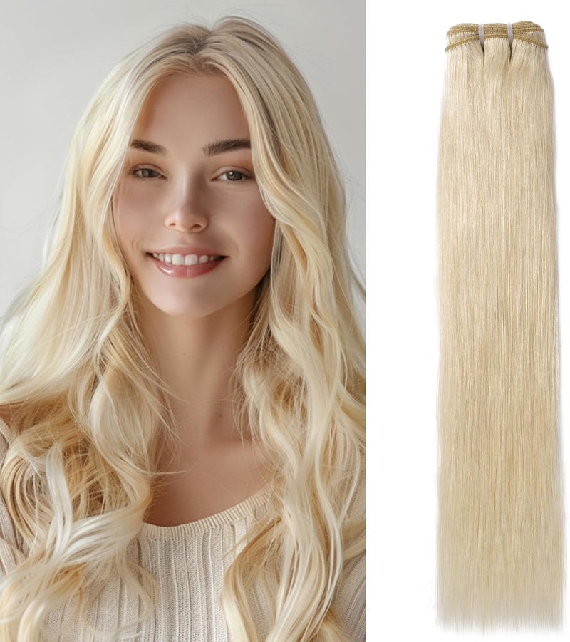 MYLADY Weft Hair Extensions Real Human Hair 100g Straight Human Hair Extensions Weft Invisible Durable 60 Platinum Blonde 18 Inch