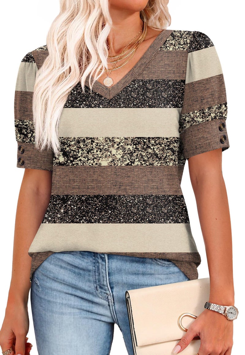 OFEEFAN Shirts for Women Short Sleeve Summer Tops Plus Size Spring Clothes Dressy Casual Blouses V Neck Color Block Travel Essentials Mutli Stripes M - Image 4
