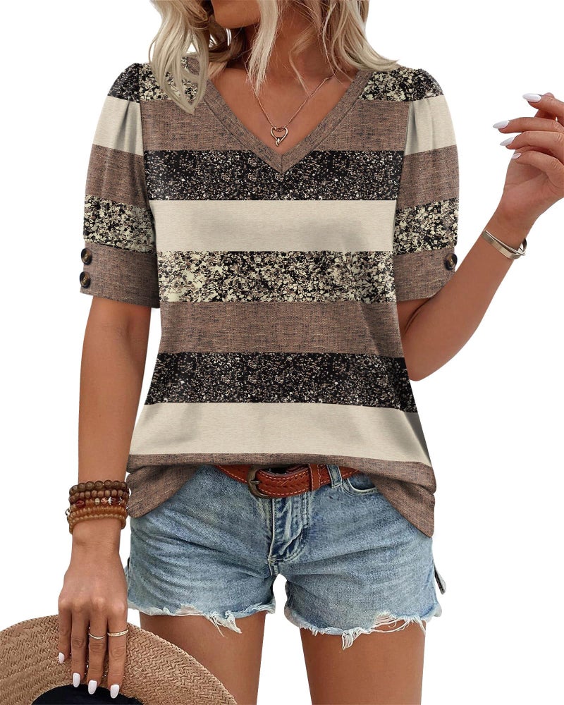 OFEEFAN Shirts for Women Short Sleeve Summer Tops Plus Size Spring Clothes Dressy Casual Blouses V Neck Color Block Travel Essentials Mutli Stripes M - Image 2