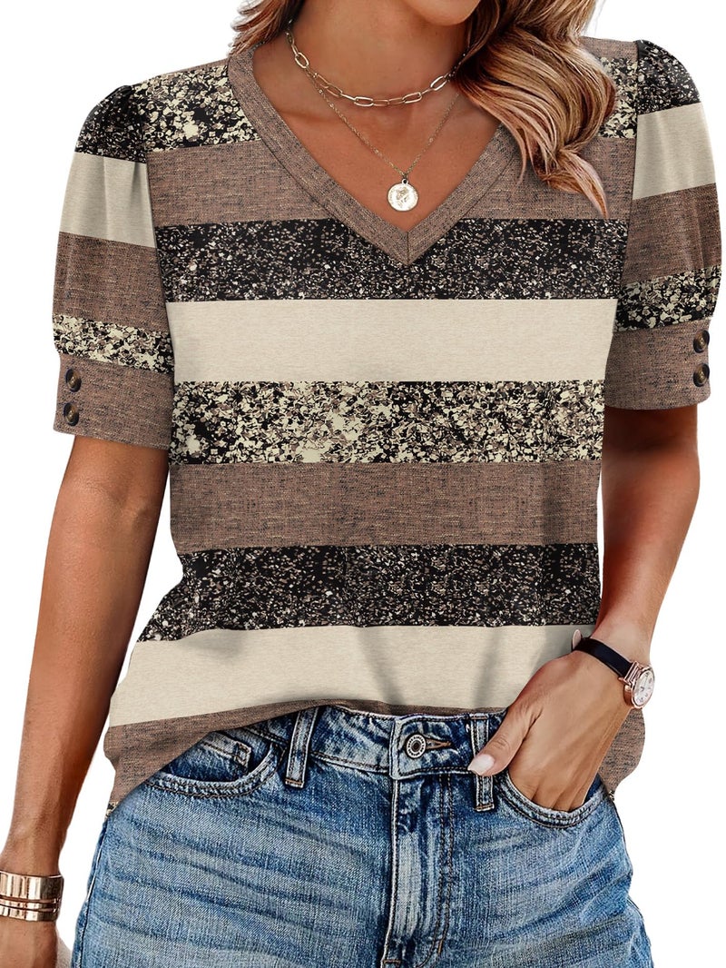 OFEEFAN Shirts for Women Short Sleeve Summer Tops Plus Size Spring Clothes Dressy Casual Blouses V Neck Color Block Travel Essentials Mutli Stripes M - Image 1