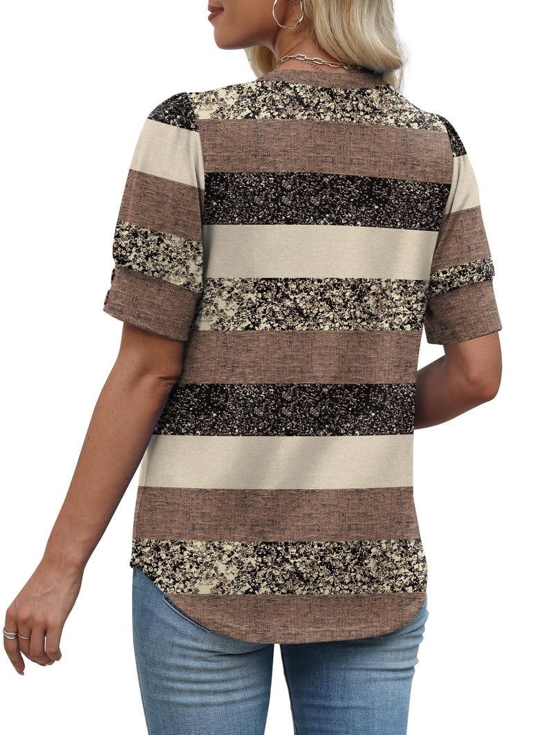 OFEEFAN Shirts for Women Short Sleeve Summer Tops Plus Size Spring Clothes Dressy Casual Blouses V Neck Color Block Travel Essentials Mutli Stripes M - Image 5
