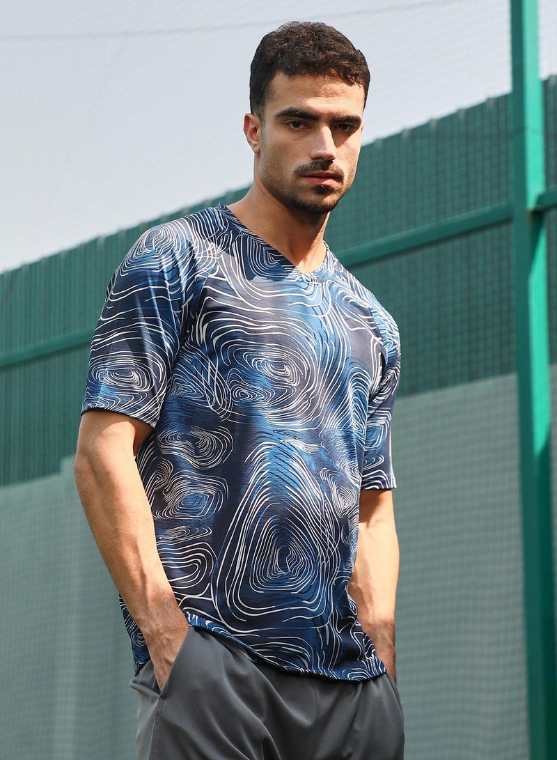 Campus Sutra Campus Sutra Men's Navy Blue Swirl-Lined Activewear T-Shirt For Casual Wear | V-Neck | Short Sleeves | Jersey T-Shirt Crafted With Comfort Fit For Everyday Wear  - Image 3