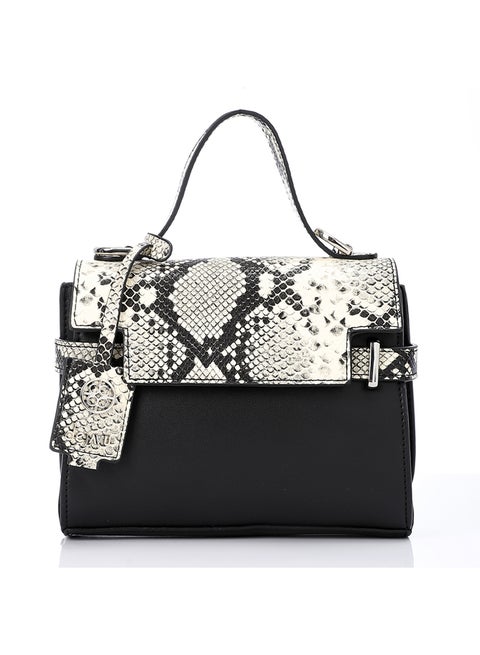 Reptile Pattern Cross Body Bag With Extra Handle - Black & Off White