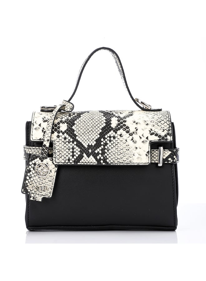 Reptile Pattern Cross Body Bag With Extra Handle - Black & Off White