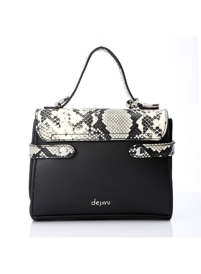 Reptile Pattern Cross Body Bag With Extra Handle - Black & Off White